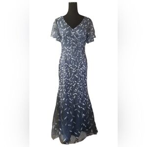 Mu Xiang Chen Elegant Dusty Blue Embroidered Evening Gown with belt Sz 8 nwot